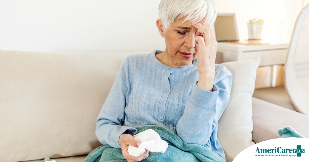 An older sick woman represents what family caregivers want to avoid, especially during flu season.