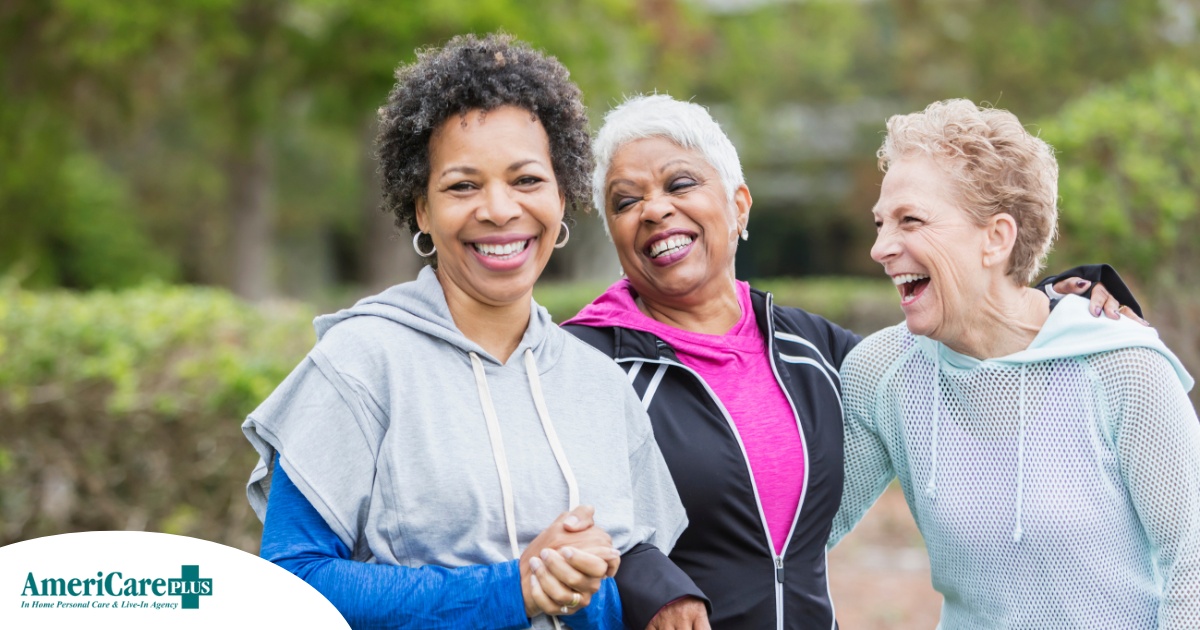 3 older women enjoy their time staying active together representing how a longer healthspan can help with staying active and engaged longer.