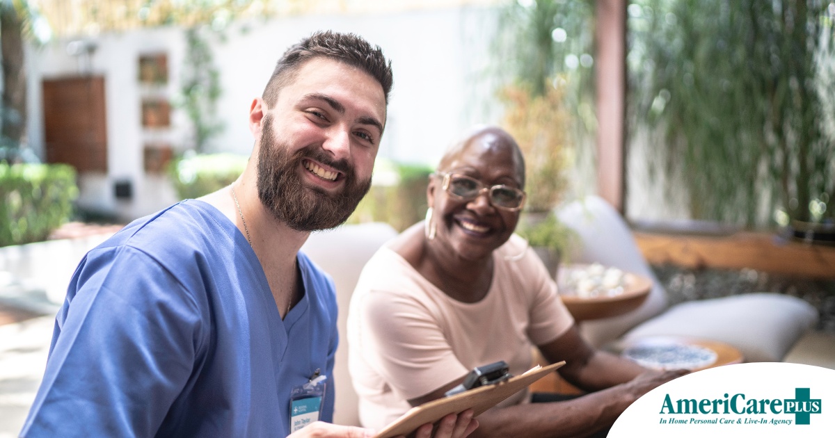 A caregiver and client smile showing that a career as a caregiver can be rewarding.